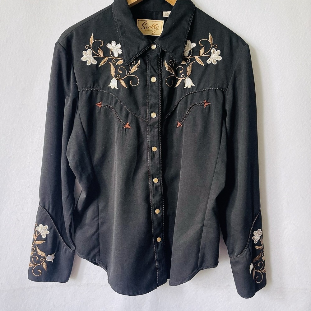 Scully Black cowboy Gabardine shirt With Embroidery Front/back/sleeves, SizeL